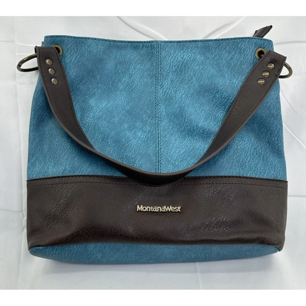 Montana West Hobo Handbag‎ Turquoise & Brown Shoulder Purse Zipper EUC Women's
